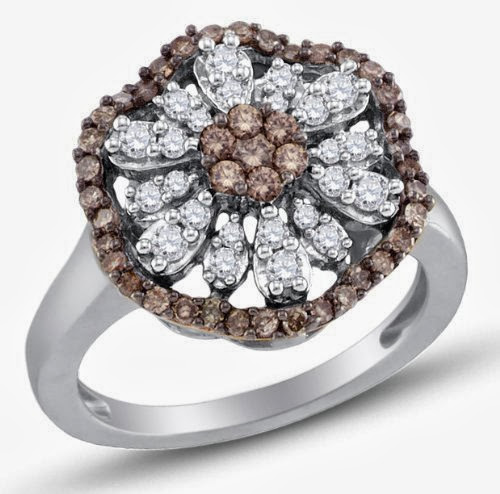 Size 5.5 - 10K White Gold Halo Channel Set Round Brilliant Cut Chocolate Brown and White Diamond Engagement Ring OR Fashion Band - Flower Shape Center Setting - (.68 cttw.)