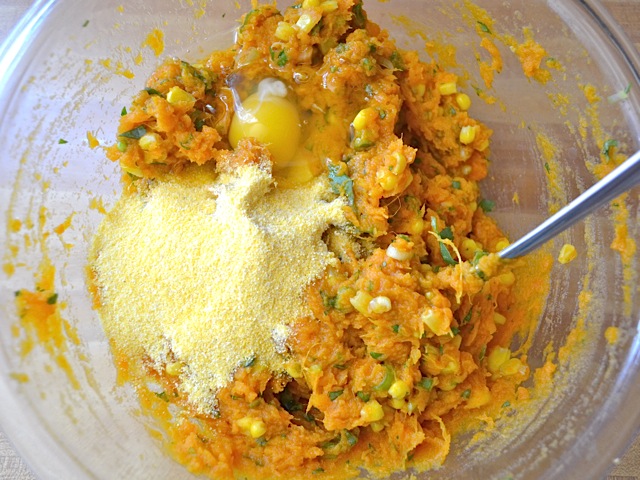 add binders (egg and cornmeal) to bowl of other ingredients 
