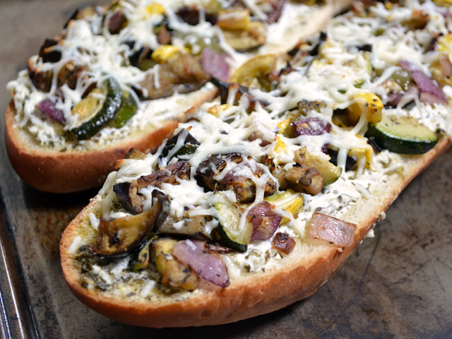 Roasted Vegetable French Bread Pizza with Pesto and Ricotta