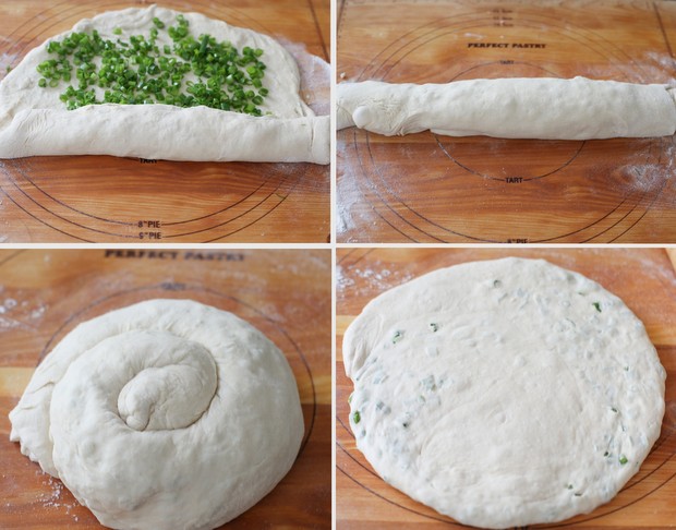 process photo collage showing how to roll the dough for the sesame bread