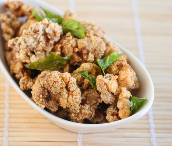 a close-up photo of Taiwanese popcorn chicken in a white serving dish