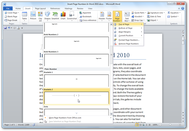 Microsoft Word 2010 Page Numbering 