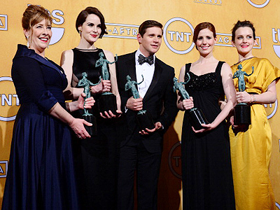 Actors Phyllis Logan, Michelle Dockery, Allen Leech, Amy Nuttall and Sophie  McShera, winners of Outstanding Performance by an Ensemble in a Drama Series for  'Downton Abbey,' pose in the press room during the 19th Annual Screen Actors Guild Awards, held at The Shrine Auditorium in Los Angeles on January 27, 2013. (Getty Images)