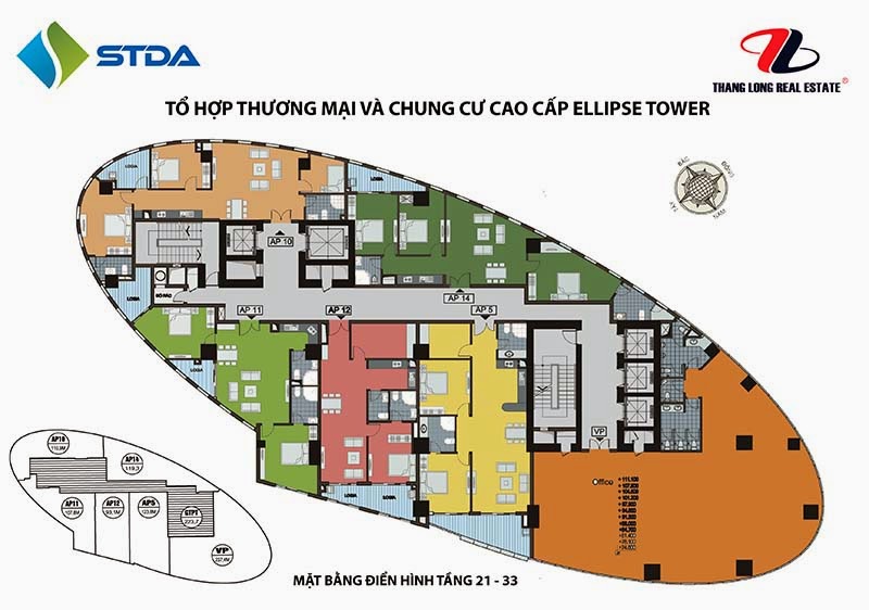 Mặt bằng tầng 21 - 33 chung cư Ellipse Tower 110 Trần Phú