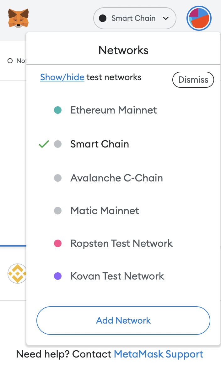 Select Binance Smart Chain Network on your Wallet