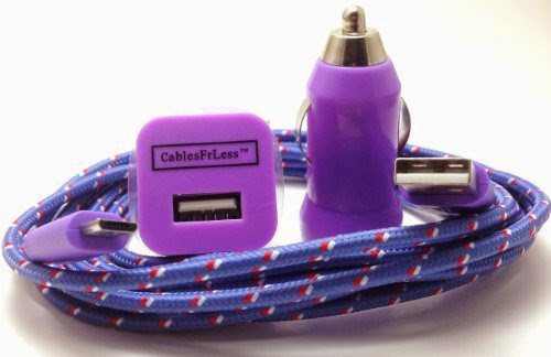  CablesFrLess (TM) 3 in 1 10ft (10 feet 10') Braided High Quality Durable Micro B USB Charging Kit fits Android Samsung Galaxy HTC LG Pantech Blackberry Motorola Sony ZTE (Purple)