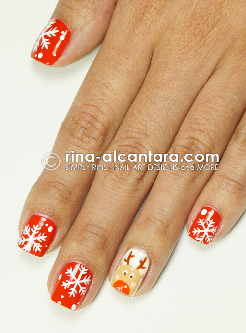 Rudolph Plays With Snowflakes Nail Art Design
