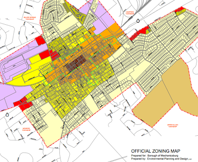 Zoning Map of Mechanicsburg. Commercial Main and Market (Brown) extends