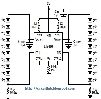 Electronics Hobby Circuit Lab: LT3466 IC Based 10+10 White LED Driver