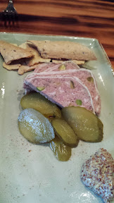 Wildwood Restaurant lunch starter of house made country pâté with pickles, lentil cracker, grain mustard