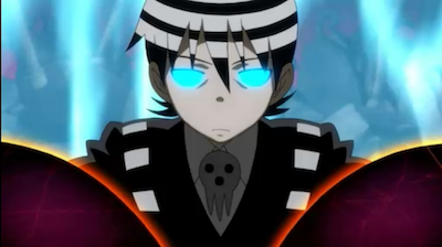 Kid, eyes glowing, two of the white lines in his hair going all the way across.