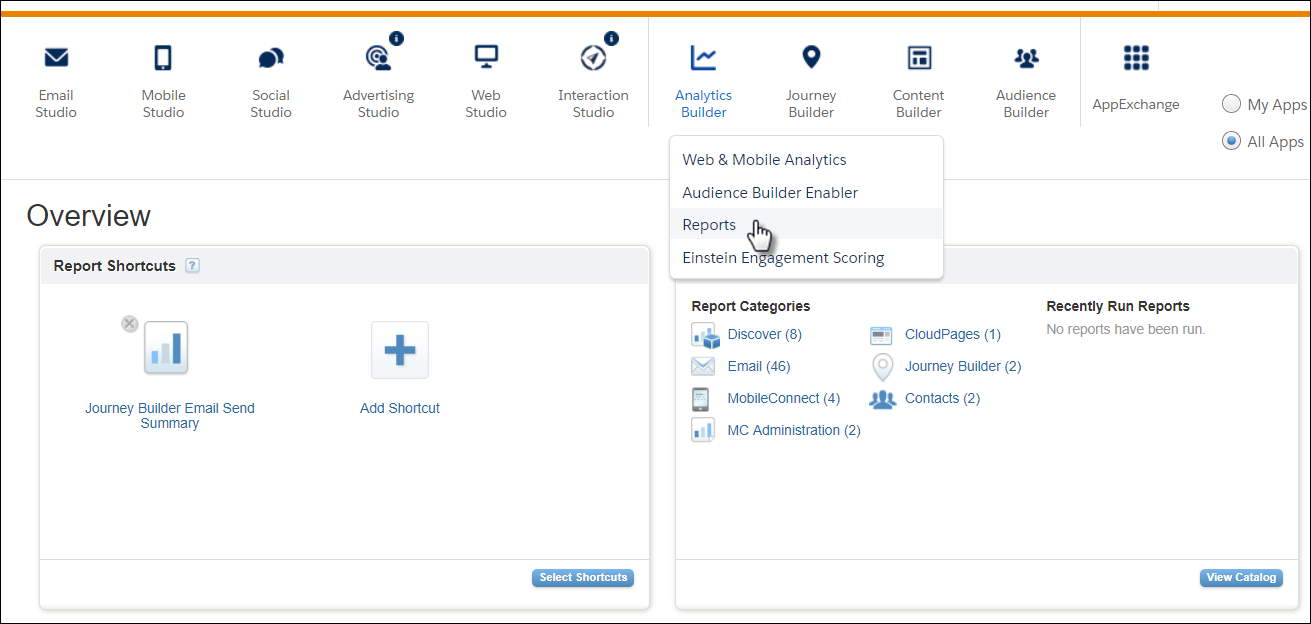 The Marketing Cloud navigation menu with a mouse cursor selecting Reports under Analytics Builder.