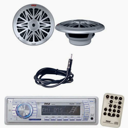  Pyle Marine Radio Receiver, Speaker and Cable Package - PLMR19W AM/FM-MPX PLL Tuning Radio w/SD/MMC Memory Card Slot w/USB  &  Weather Band - PLMRS62 200 Watt 6.5'' 2 Way White Marine Water Resistant Speakers (silver Color) - PLMRNT1 22