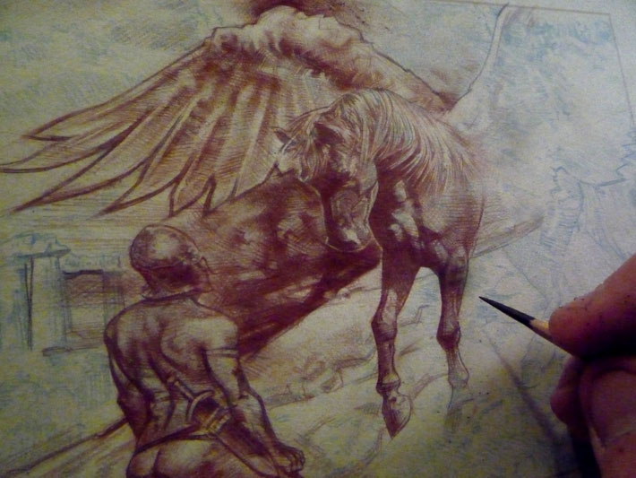 Bellerophon and Pegasus drawing by Jeff Lafferty