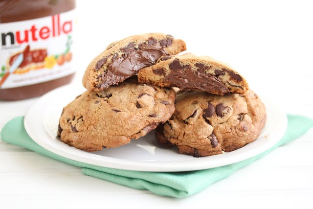 Nutella stuffed Chocolate Chip Cookies on a plate
