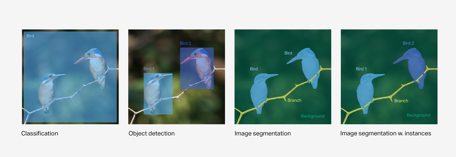 One image labeled in four ways for four separate computer vision tasks: classification, object detection, image segmentation, and image segmentation with instances.