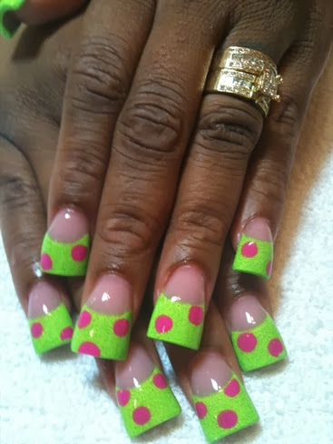 neon green with pk polka dots
