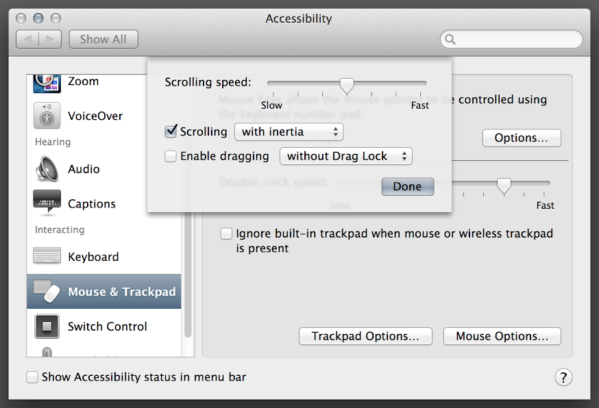 OS X 10.9 Mavericks: System Preferences: Accessibility: Mouse & Trackpad: Trackpad Options