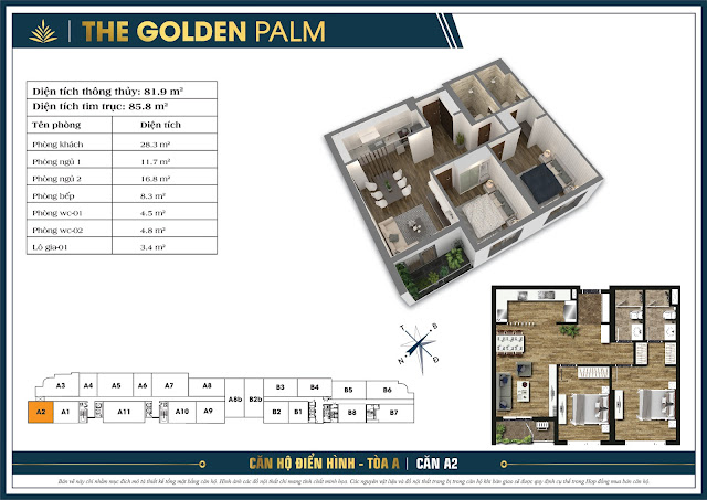 Thiết kế căn A2, 81m2, tòa A - The Golden Palm