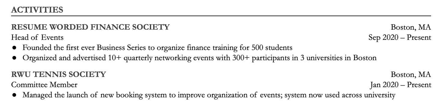 If you’re including accomplishments from university projects or other activities, list these in their own section and include your unfinished degree in the education section.