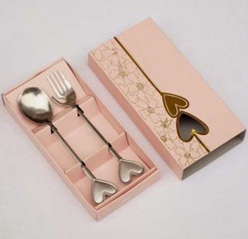 EaseIcon® Stainless Steel Heart Shaped Fork Spoon Wedding Favors Guest Gift 2 in 1 Box - 10 Pcs
