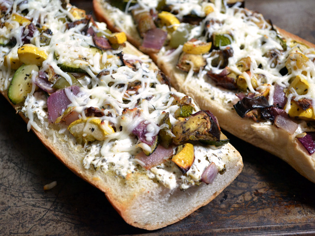 Roasted Vegetable French Bread Pizza with Pesto and Ricotta