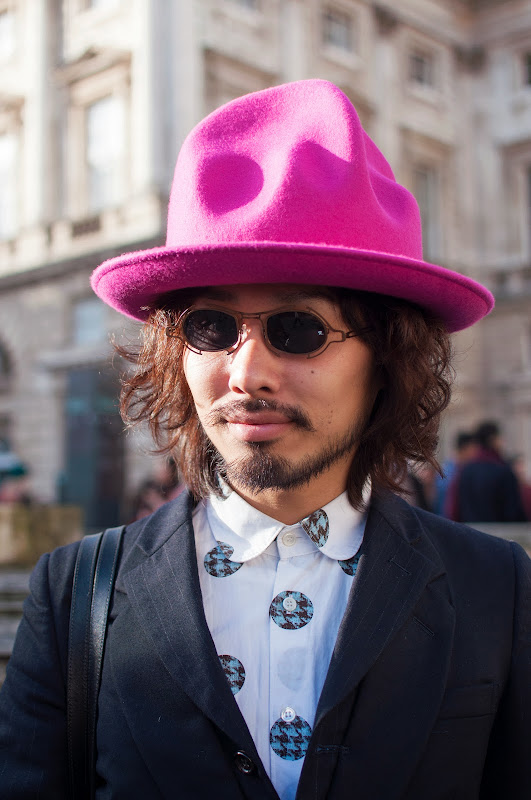 Magenta hat at London Fashion Week