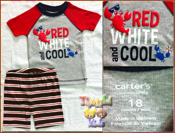 Bộ bé trai Child of mine - một nhãn hàng của Carter's- màu xám đỏ, hình con tôm, việt nam xuất khẩu.