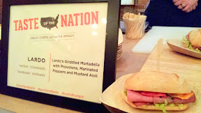 A taste of Taste of the Nation- example taste from Lardo of Lardo's griddled mortadella with provolone, marinated peppers and mustard aioli