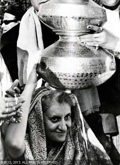 Prime Minister Indira Gandhi participating in a folk dance by Rajasthani folk dancers, during the Republic Day celebration on January 26, 1970.