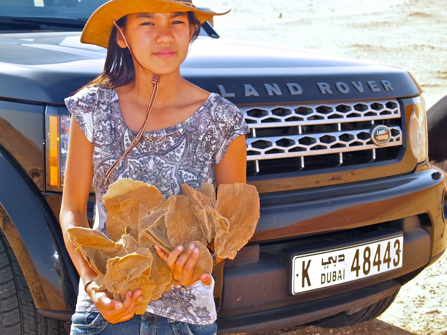 Dar holds a sand rose.