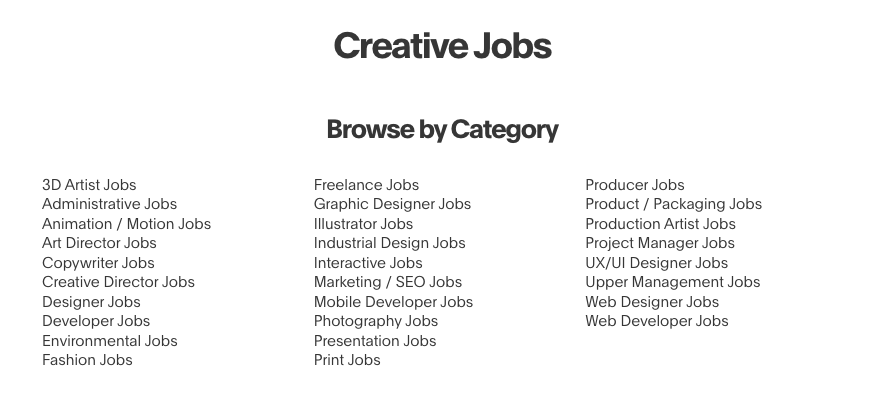 List of all the jobs you can search for including copywriter, freelancer, administrative and project manager jobs.