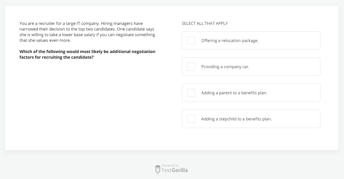 screenshot of a question about negotiation in TestGorilla's talent acquisition test