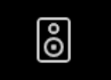 Een wit geluidsbox of speaker icoon op een zwarte achtergrond.