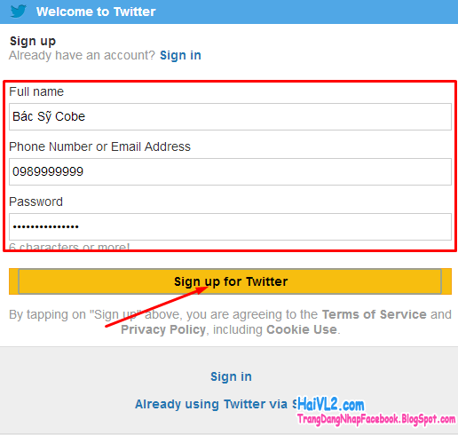 đăng ký twitter bước 3