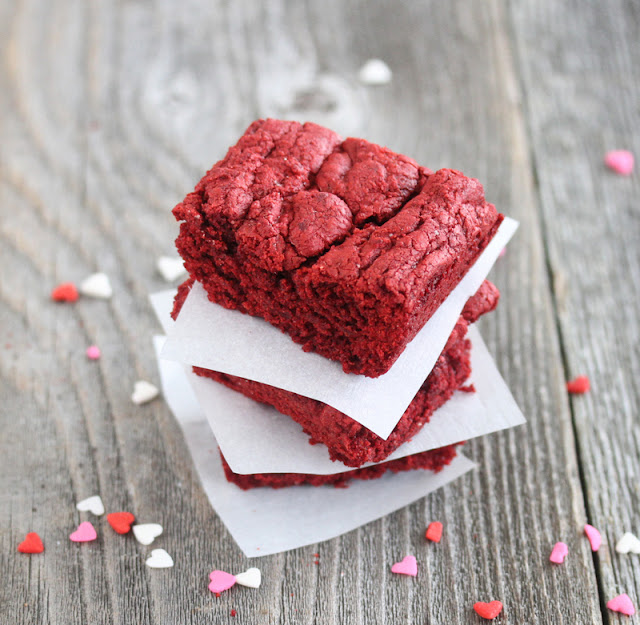 overhead photo of a stack of red velvet brownies