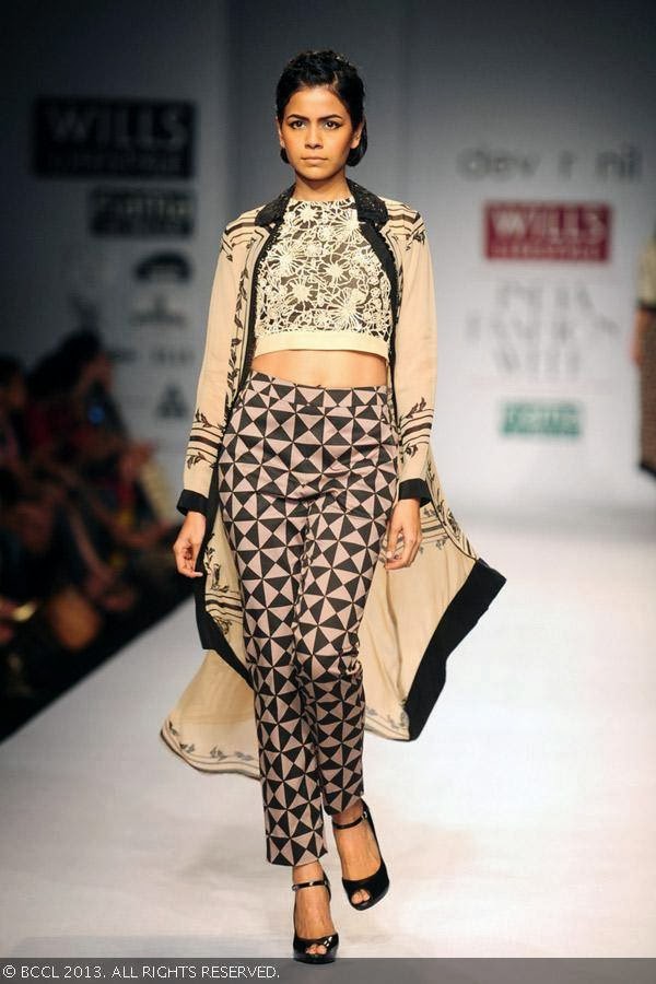 Nolana showcases a creation by fashion designers Dev r Nil on Day 3 of Wills Lifestyle India Fashion Week (WIFW) Spring/Summer 2014, held in Delhi.