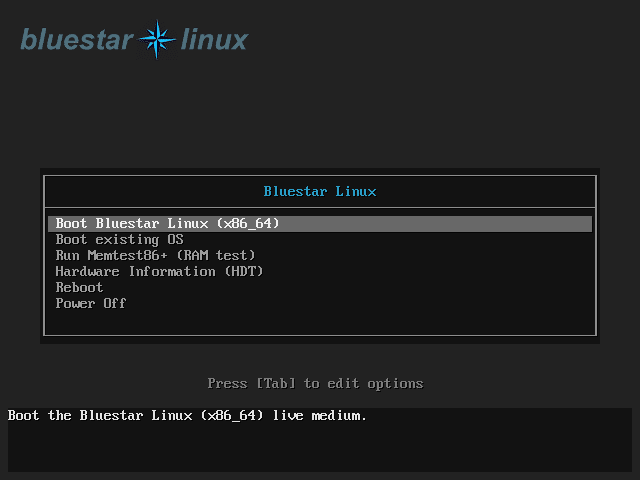 загрузочный экран дистрибутива Linux на основе Bluestar Arch