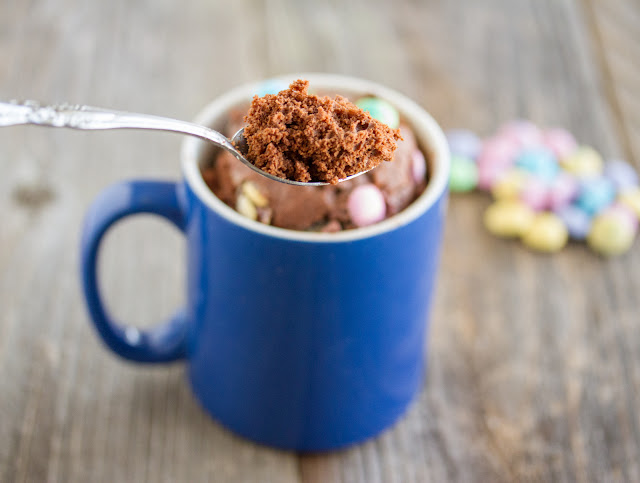 photo of a spoonful of Chocolate Easter candy mug cake