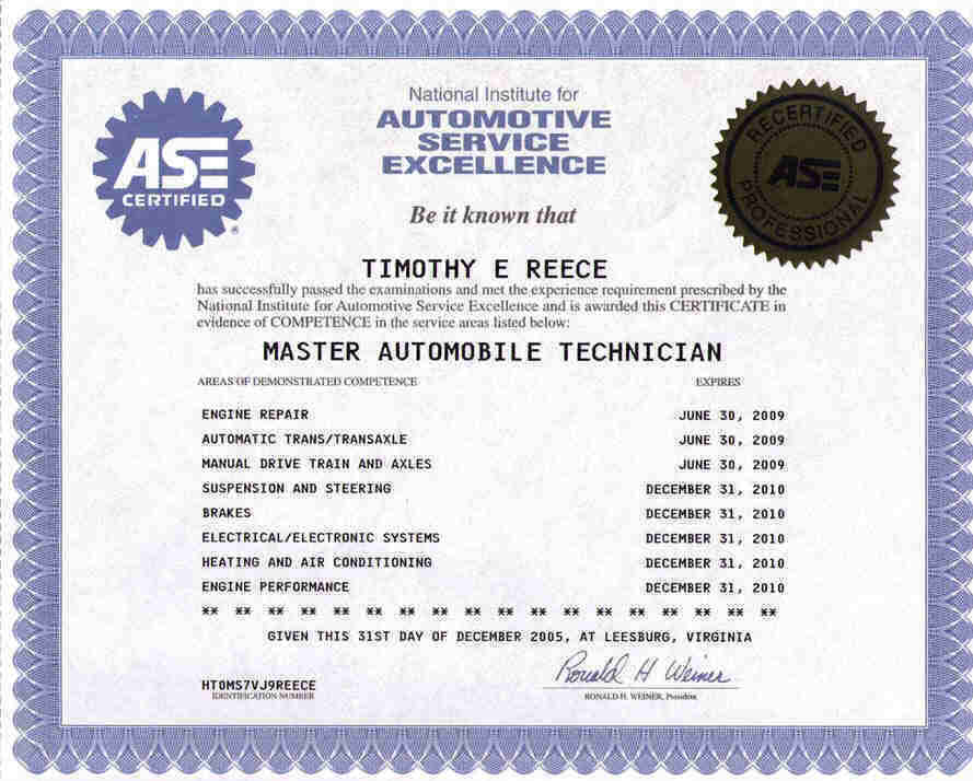 ASE Certification Certificates Printable