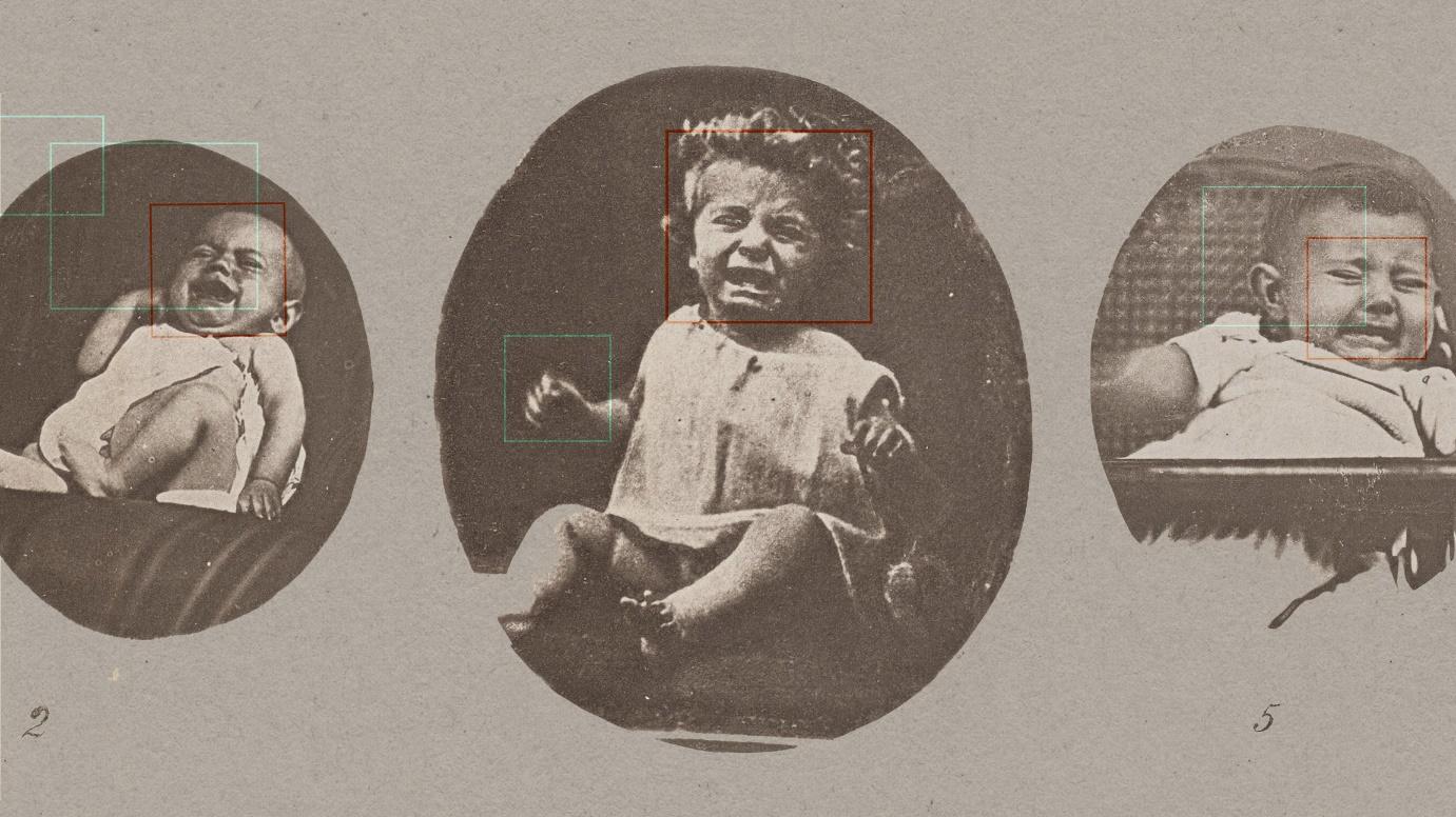 three babies crying from a series of old heliotypes by Rejlander. Rectangular boxes like those used to train AI are over their faces.