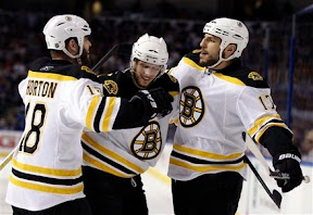 Nathan Horton, David Krejci and Milan Lucic celebrate a Bruins goal Nathan Horton, David Krejci and Milan Lucic celebrate a Bruins goal