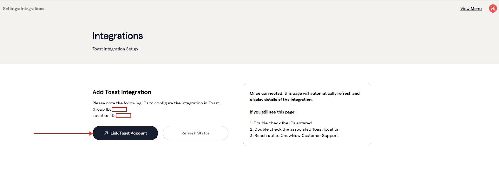 How do I set up the Toast POS integration with ChowNow?