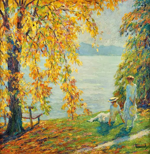 Edward Cucuel - Two Girls in White Beside a Lake in Autumn