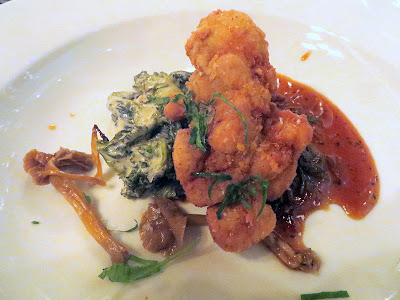 Pan-seared Veal Sweetbread, creamed kale, pickled Yellow Foot Chanterelles, and Sweet Onion Agrodolce course at Portland Food Adventures February 5, 2015 featuring Chef Ben Bettinger and Kevin Ludwig at Simpatica Dining Hall