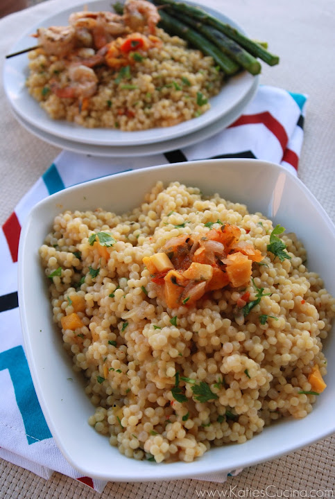 Red Pepper Mango Israeli Couscous with Shrimp Kebabs