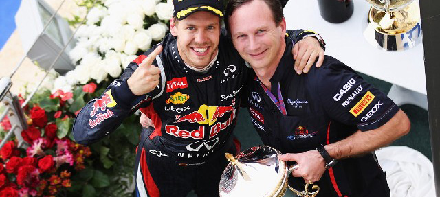 Sebastian Vettel y Christian Horner podium podio Bahrein 2012