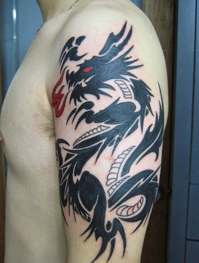 black color fire dragon tattoos on shoulder