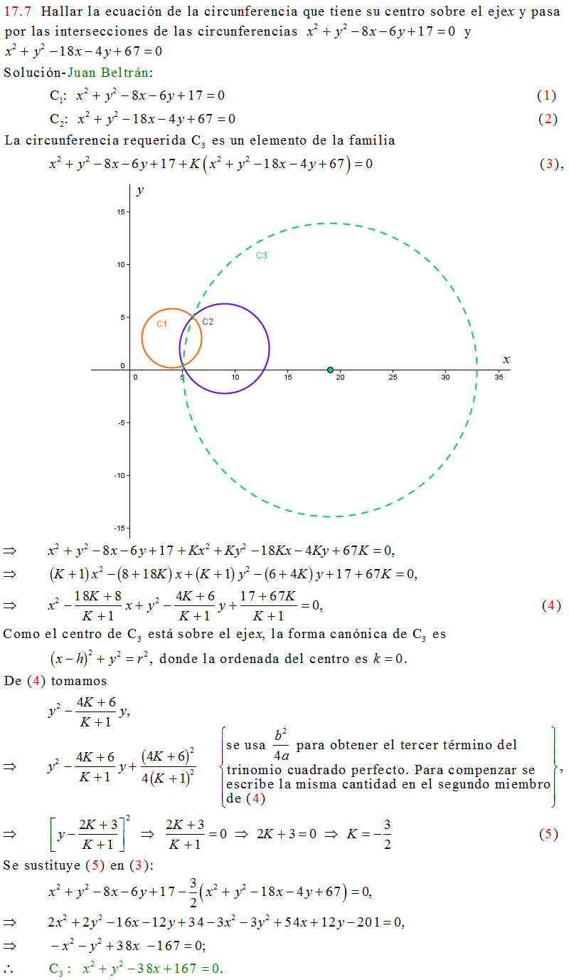 Cálculo21: Ecuación de una circunferencia que pasa por los dos puntos de  intersección de otras dos circunferencias y que tiene su centro sobre el  eje x. Lehmann 17.7