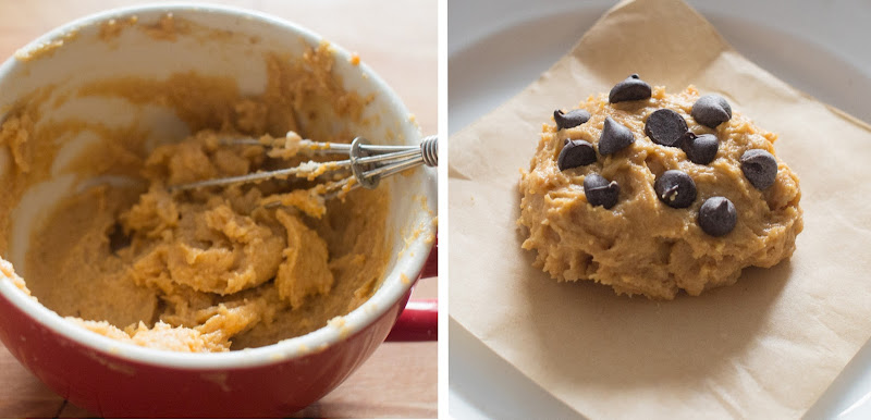 photo collage of mixing the batter and the cookie before its baked